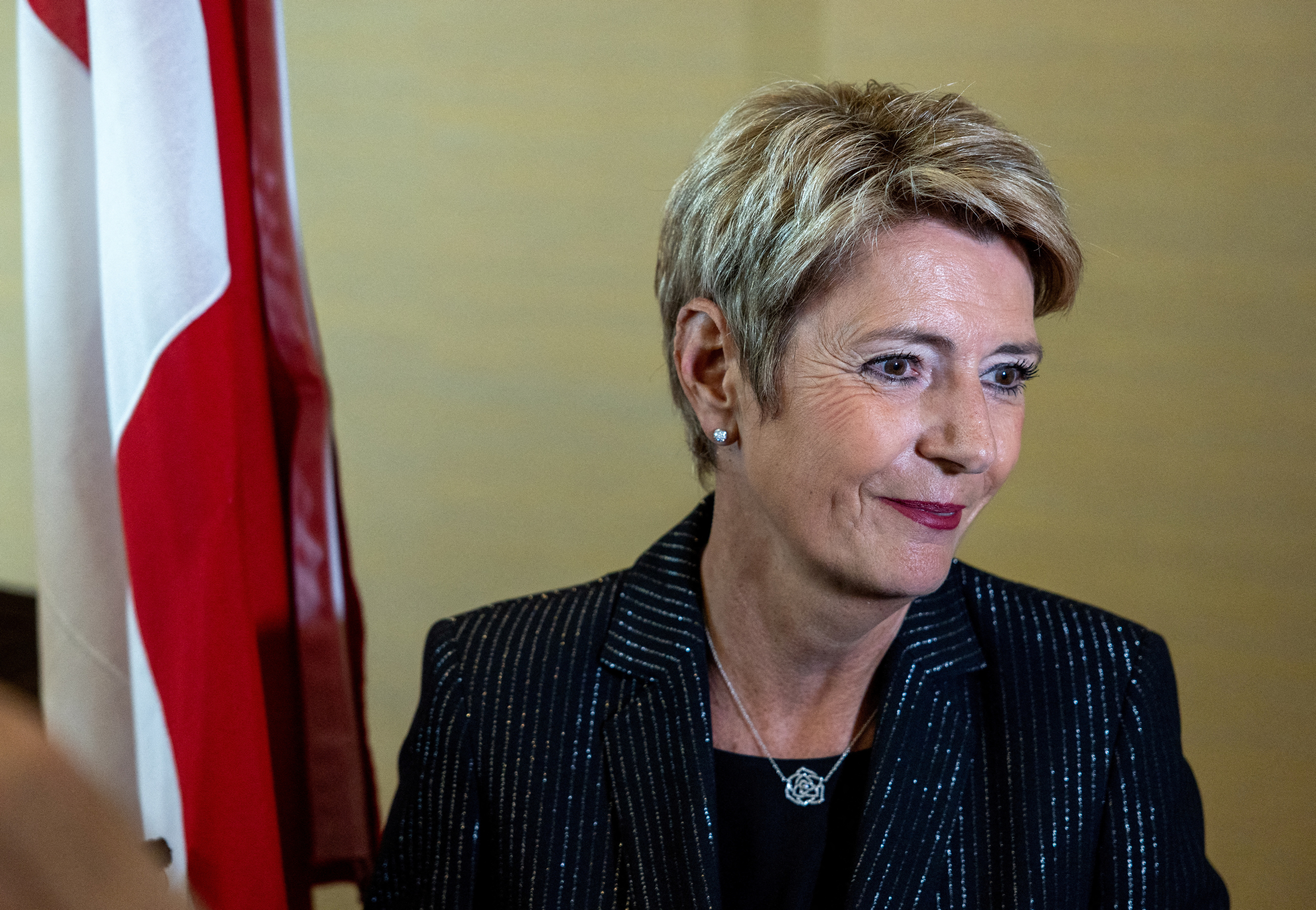 FILE PHOTO: Swiss President Keller-Sutter talks to the media after a news conference in Geneva