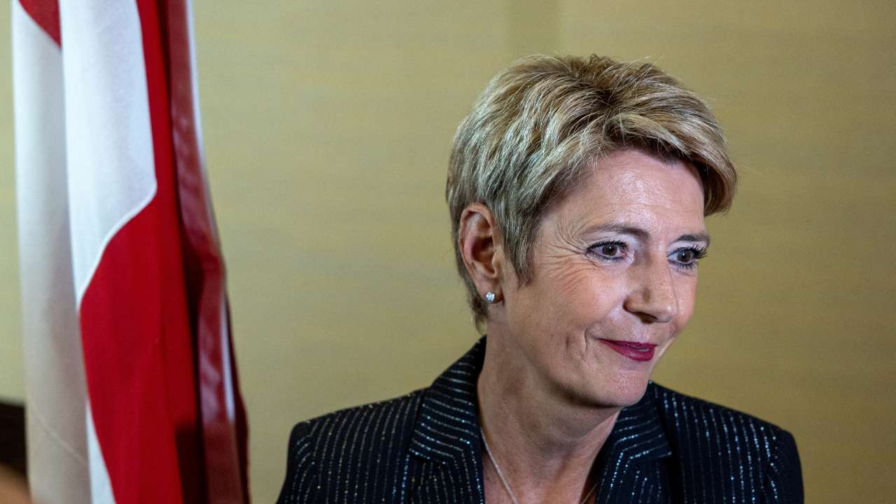 FILE PHOTO: Swiss President Keller-Sutter talks to the media after a news conference in Geneva