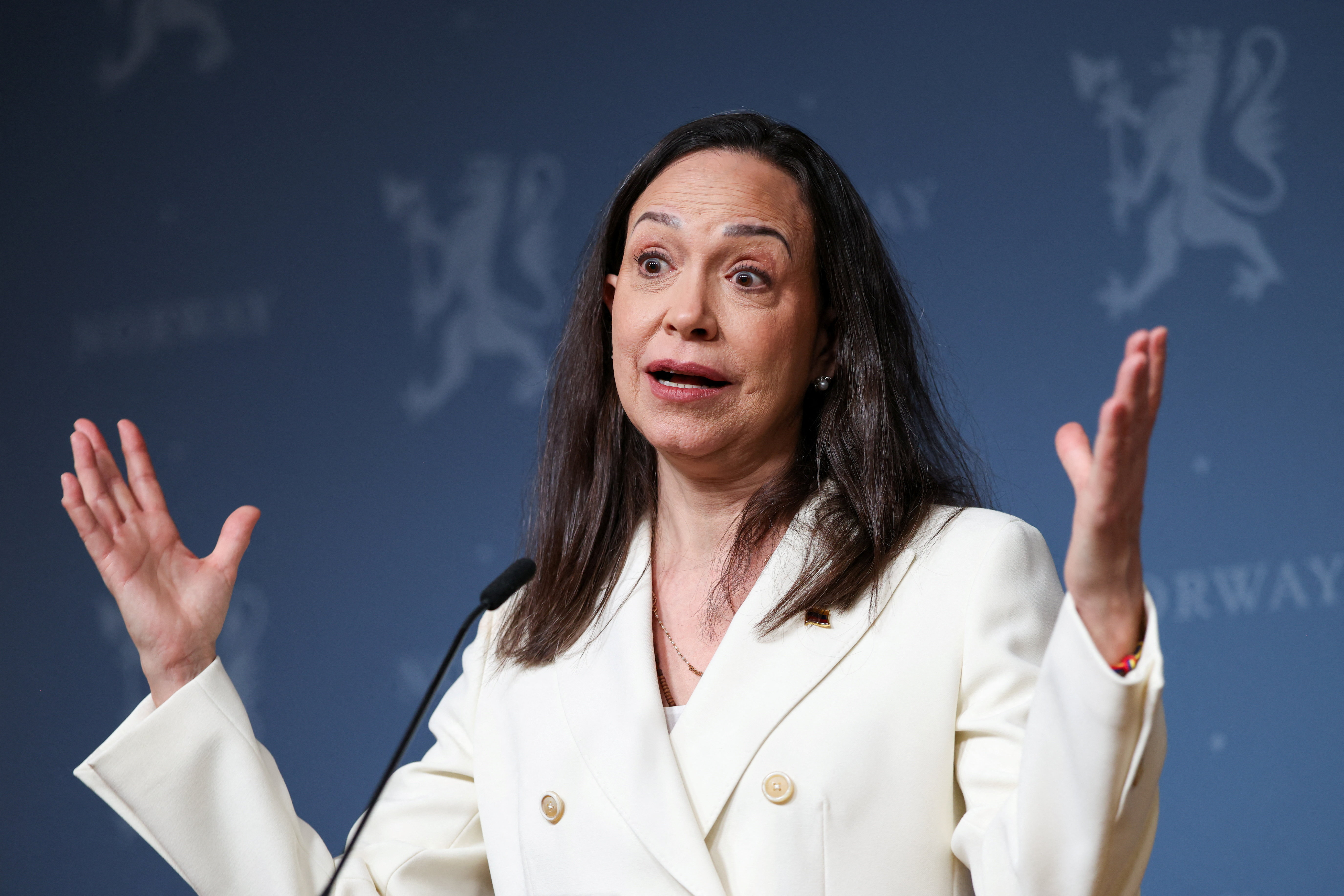 Nobel laureate and Venezuelan opposition leader Machado holds press conference with Norwegian Prime Minister Stoere, in Oslo