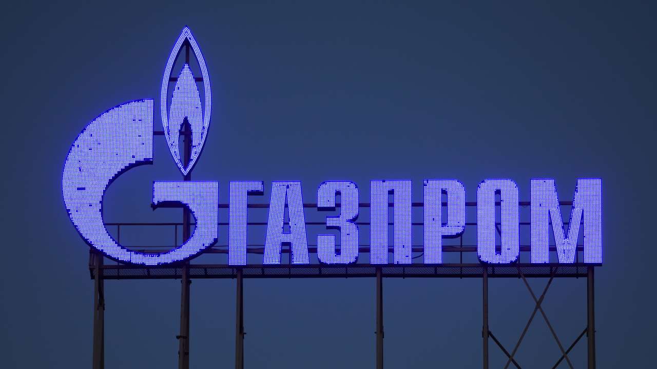The logo of Gazprom company is seen on the facade of a business centre in Saint Petersburg