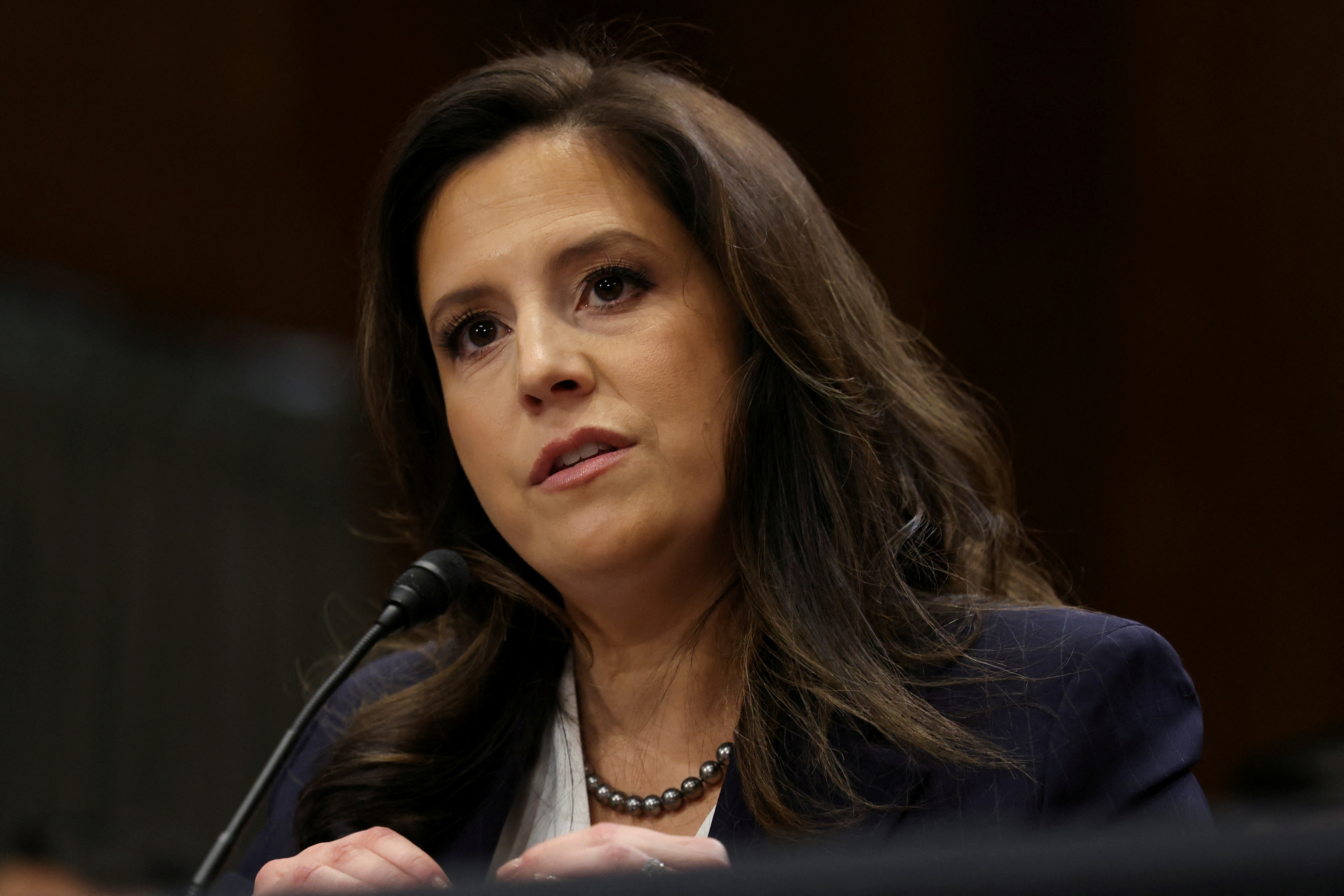 FILE PHOTO: U.S. Rep. Stefanik (R-NY) testifies before a Senate Foreign Relations Committee confirmation hearing, in Washington