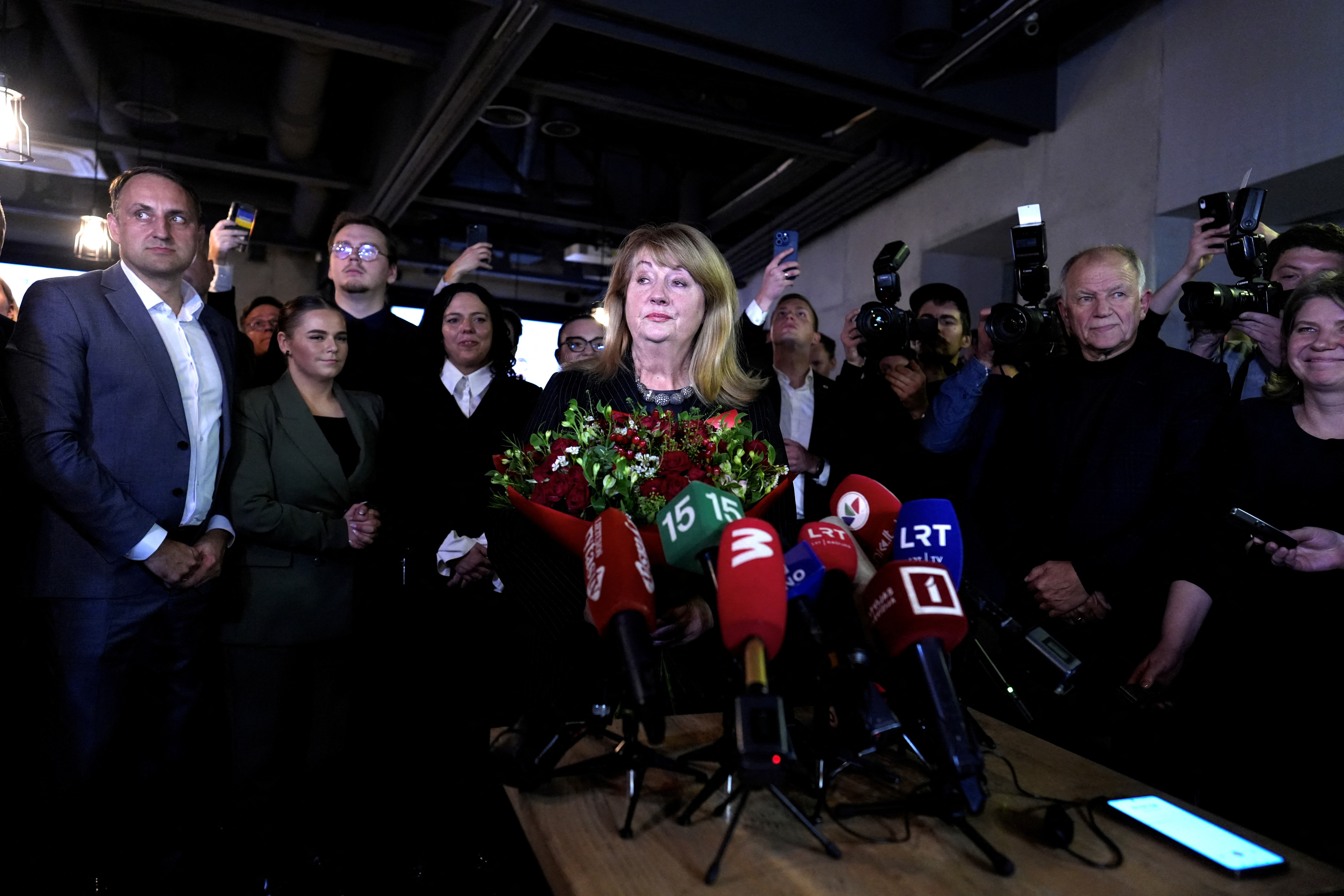 Leader of Social Democrats Blinkeviciute speaks to media in Vilnius