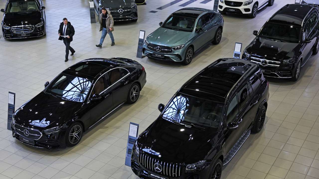 Mercedes-Benz cars at a dealership in Moscow