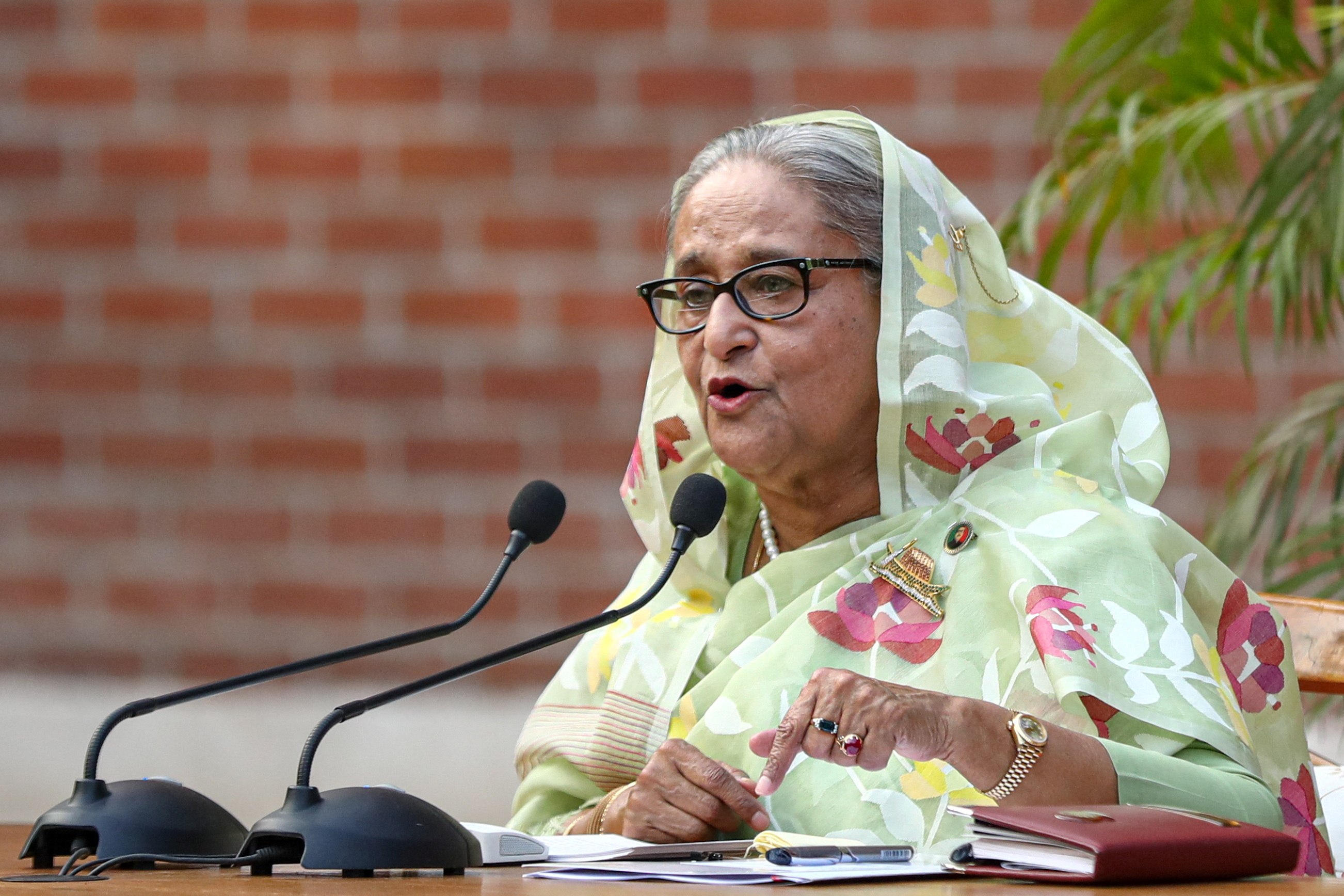 Sheikh Hasina, the newly elected Prime Minister of Bangladesh and Chairperson of Bangladesh Awami League, speaks during a meeting with foreign observers and journalists at the Prime Minister's residence in Dhaka