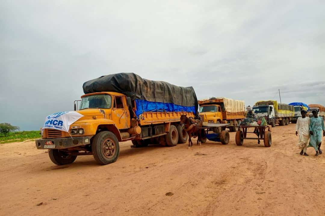 View of aid trucks with relief material for Sudan, at a location given as the border of Chad and Sudan