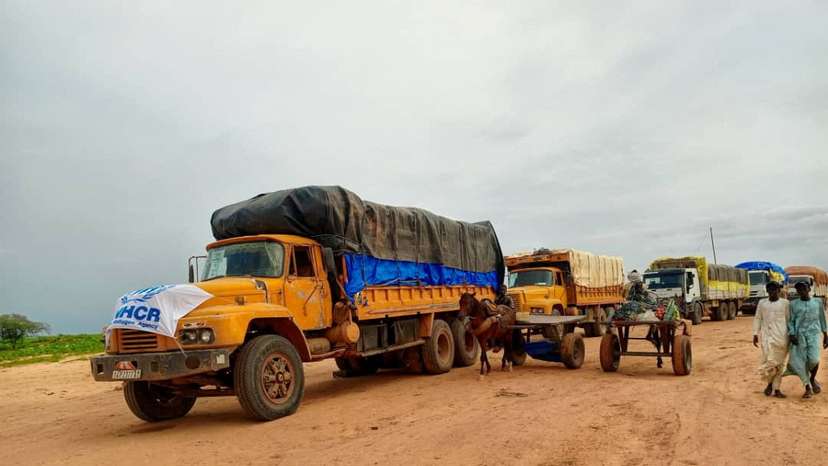 View of aid trucks with relief material for Sudan, at a location given as the border of Chad and Sudan