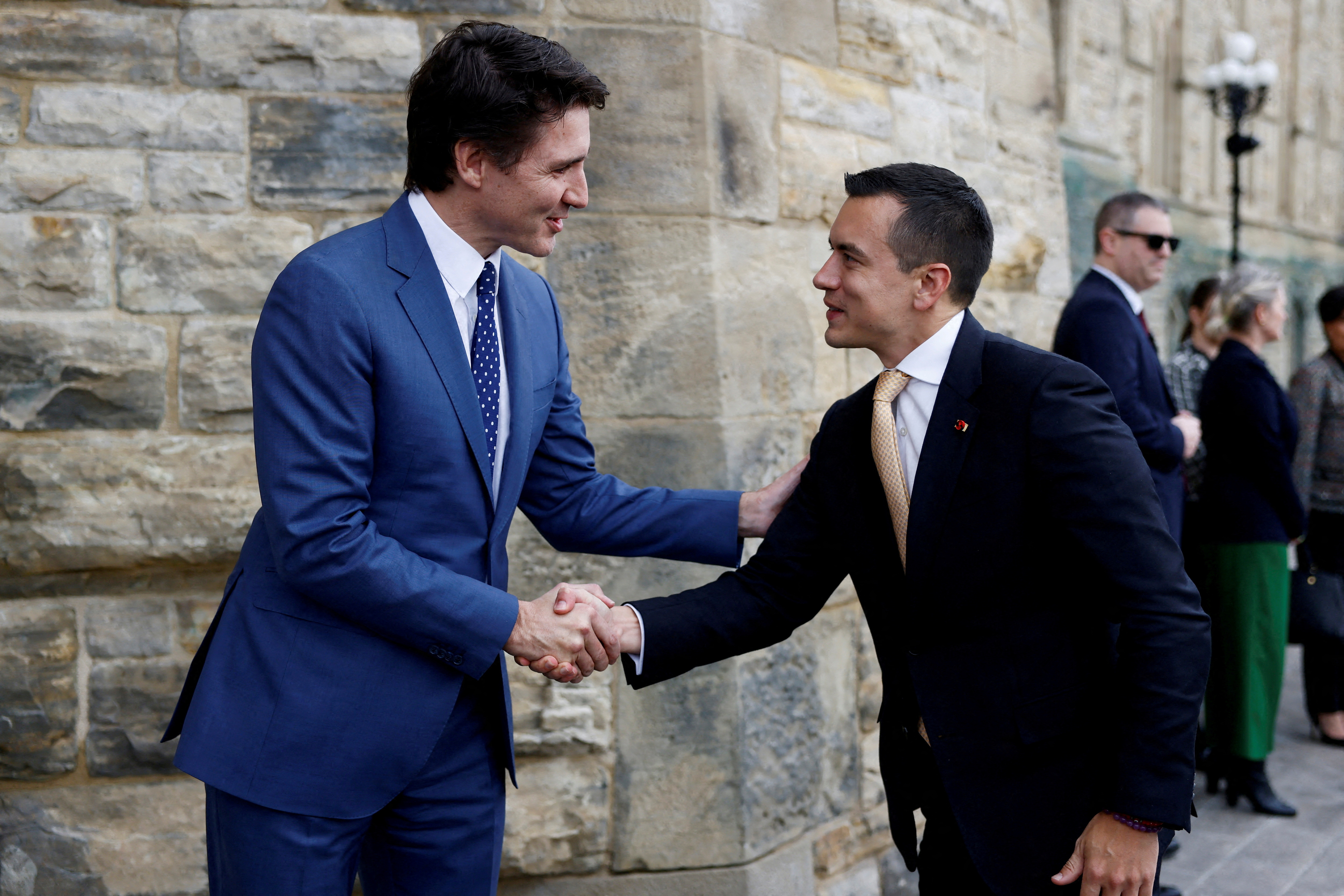 FILE PHOTO: Canada's Prime Minister Justin Trudeau greets Ecuador's President Daniel Noboa on Parliament Hill in Ottawa