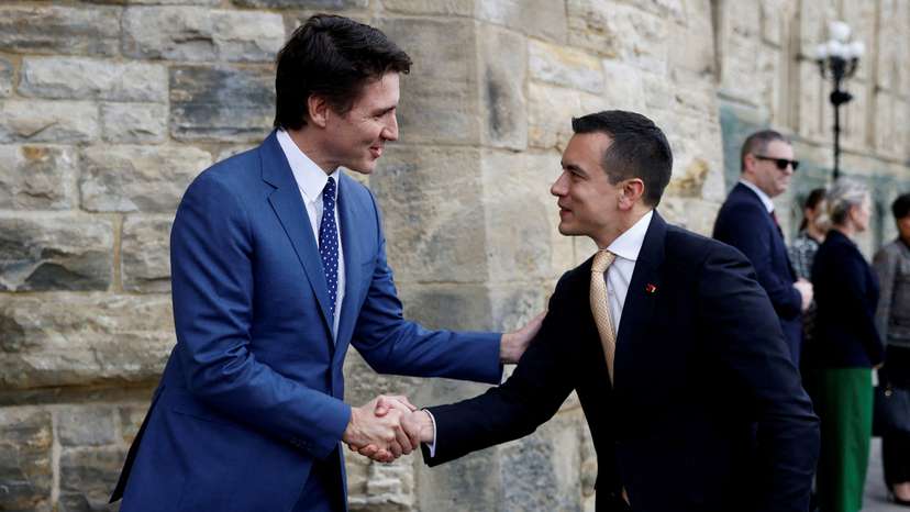 FILE PHOTO: Canada's Prime Minister Justin Trudeau greets Ecuador's President Daniel Noboa on Parliament Hill in Ottawa