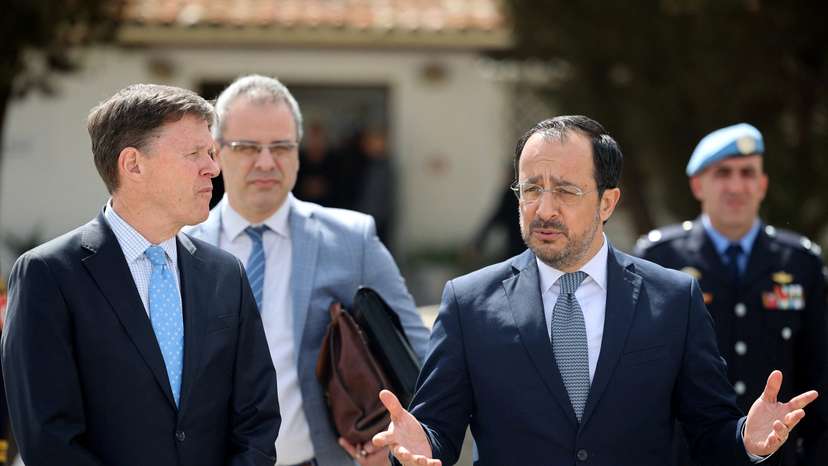 Cyprus President Nikos Christodoulides, who leads Cyprus's Greek Cypriot community, and Turkish Cypriot leader Ersin Tatar are seen during a meeting in the presence of UN Cyprus representative Colin Stewart in the U.N. buffer zone in the capital Nicosia