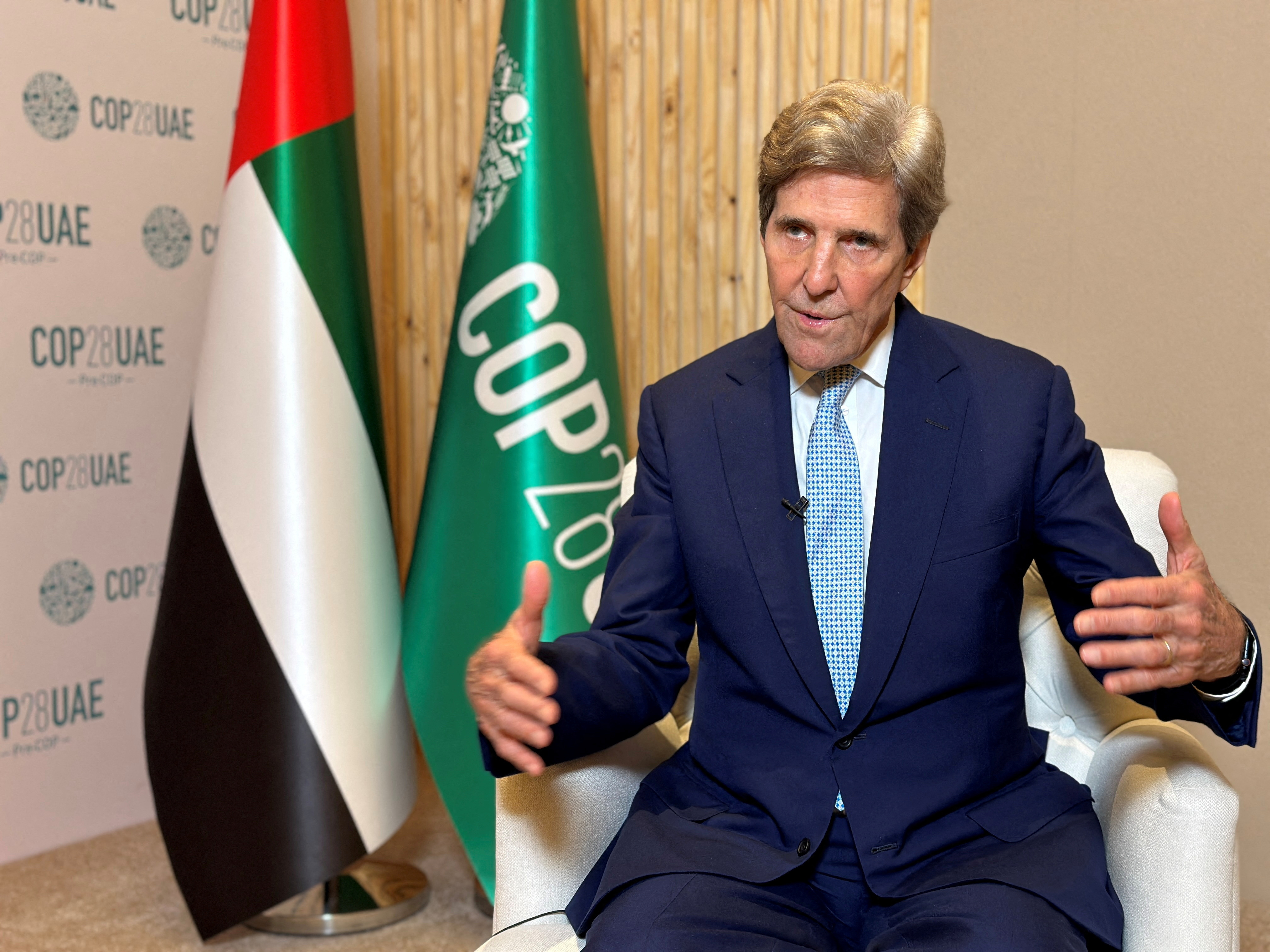 FILE PHOTO: John Kerry, U.S. Special Presidential Envoy for Climate speaks during an earlier interview with Reuters, in  Abu Dhabi