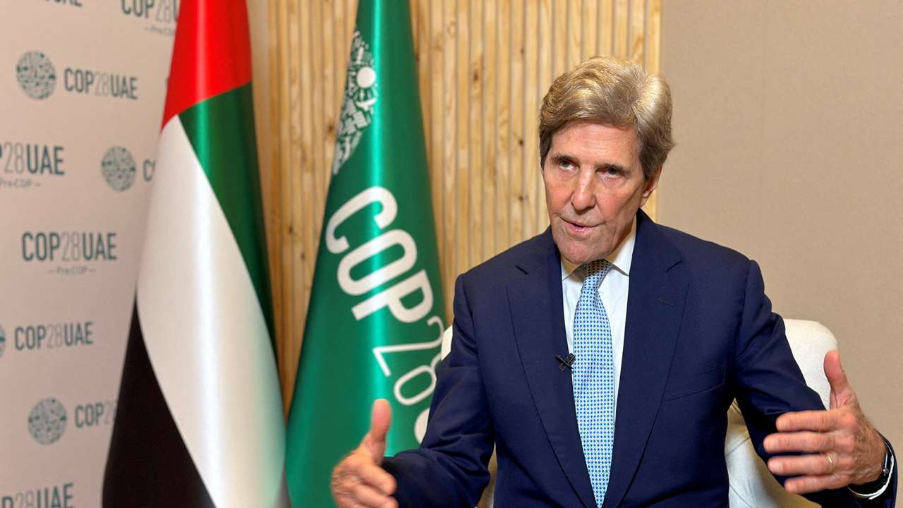 FILE PHOTO: John Kerry, U.S. Special Presidential Envoy for Climate speaks during an earlier interview with Reuters, in Abu Dhabi