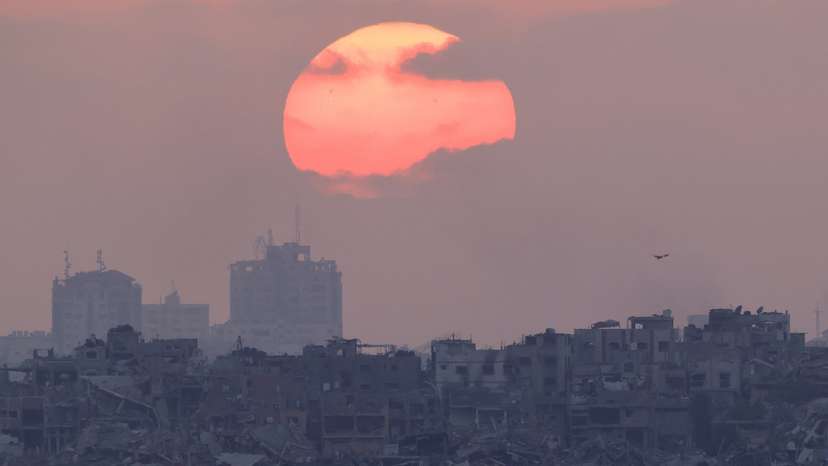 The sun sets over Gaza, amid the Israel-Hamas conflict, as seen from Israel