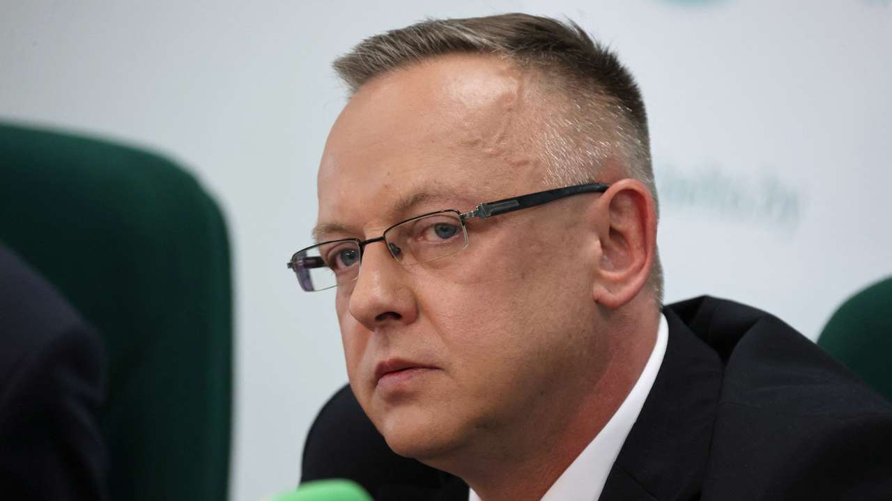 Tomasz Szmydt, a Polish judge who requested political asylum in Belarus, attends a press conference in Minsk