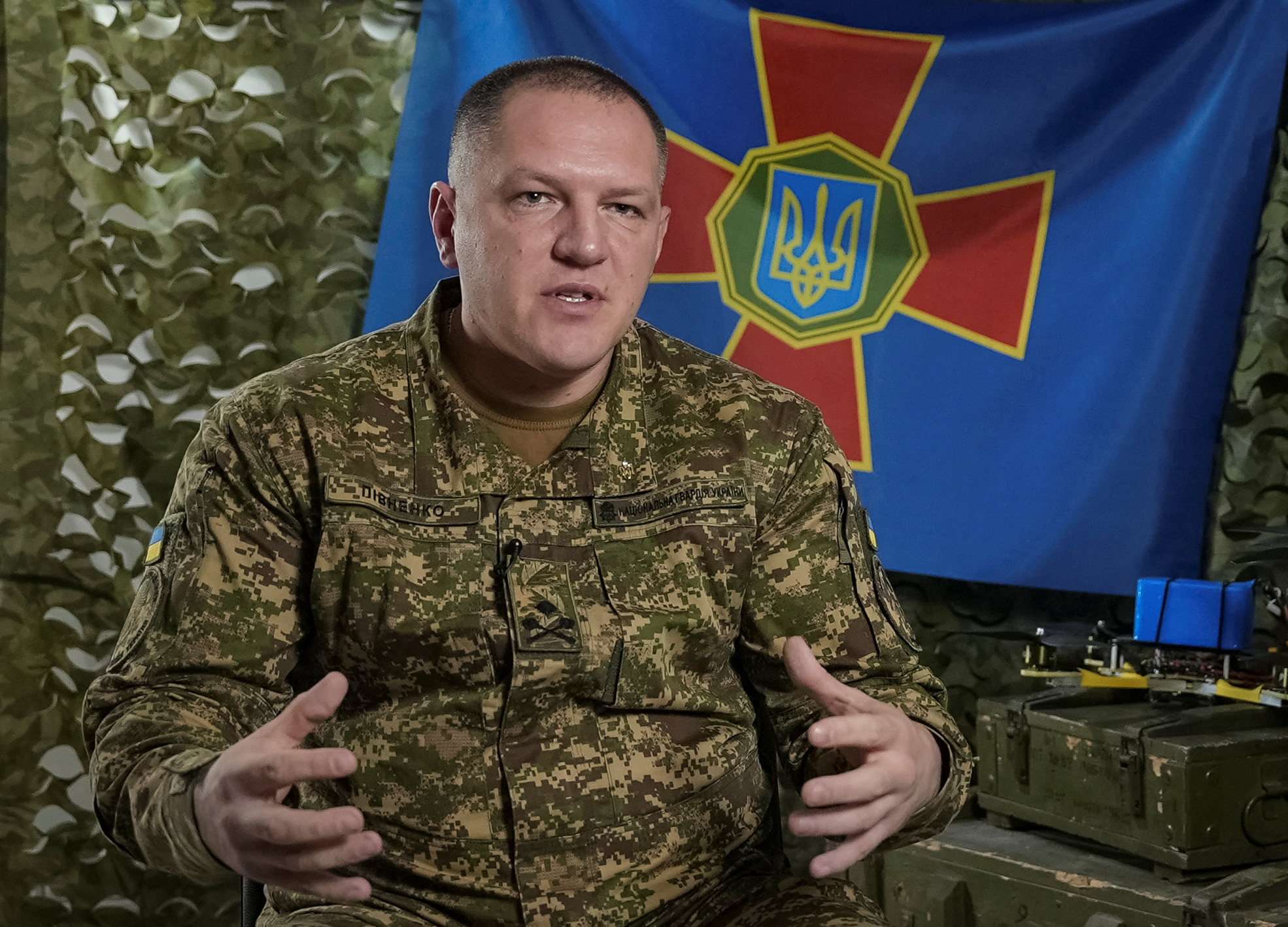 Oleksandr Pivnenko, commander of the National Guard of Ukraine, speaks during an interview with Reuters in Kyiv