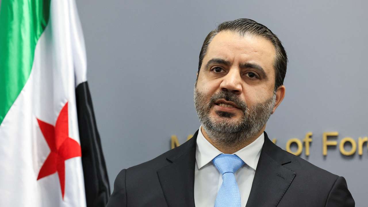 Syrian Foreign Minister Asaad Al-Shibani attends a press conference at the Lebanese foreign ministry, in Beirut