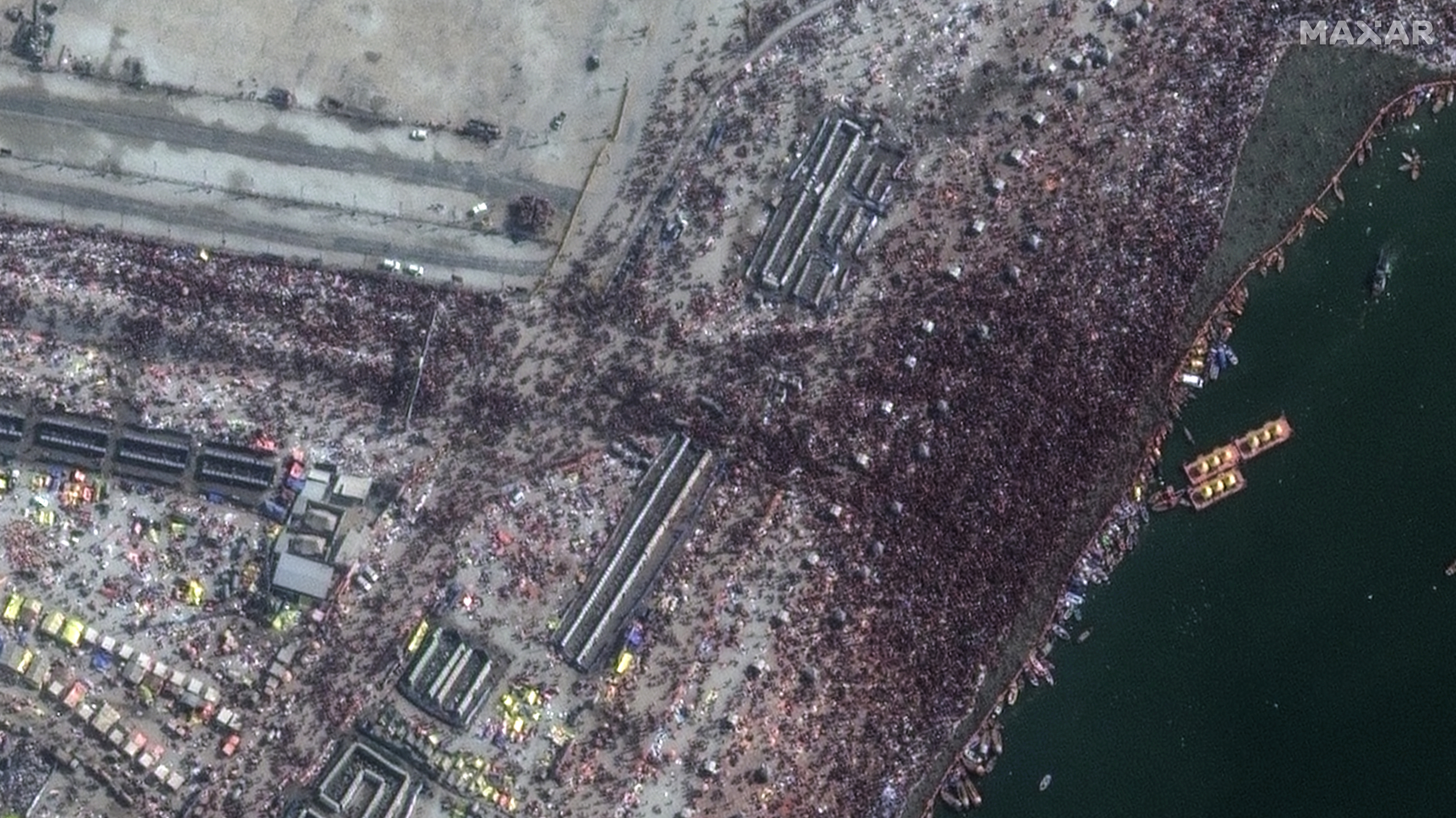 A satellite image shows a crowd of people, following a stampede at  the "Maha Kumbh Mela" in Prayagraj