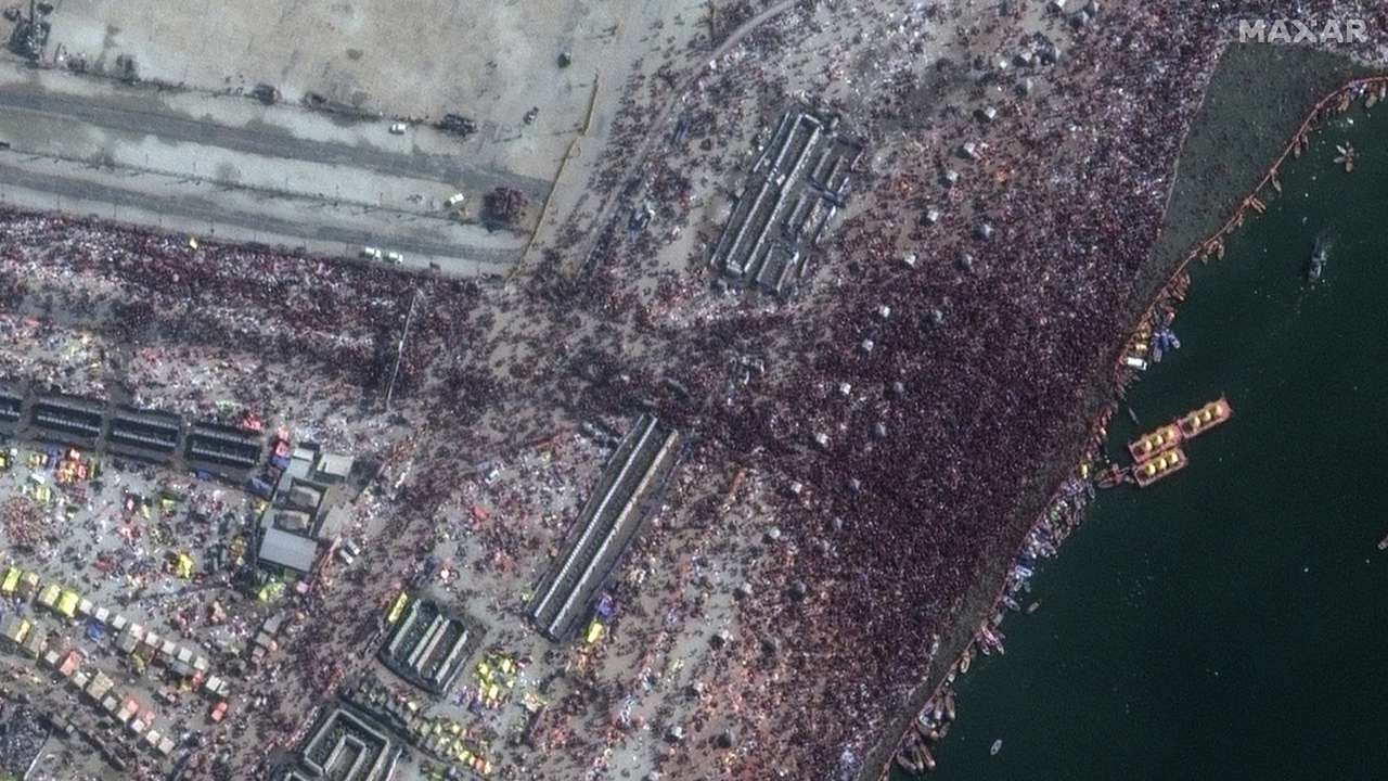 A satellite image shows a crowd of people, following a stampede at the "Maha Kumbh Mela" in Prayagraj