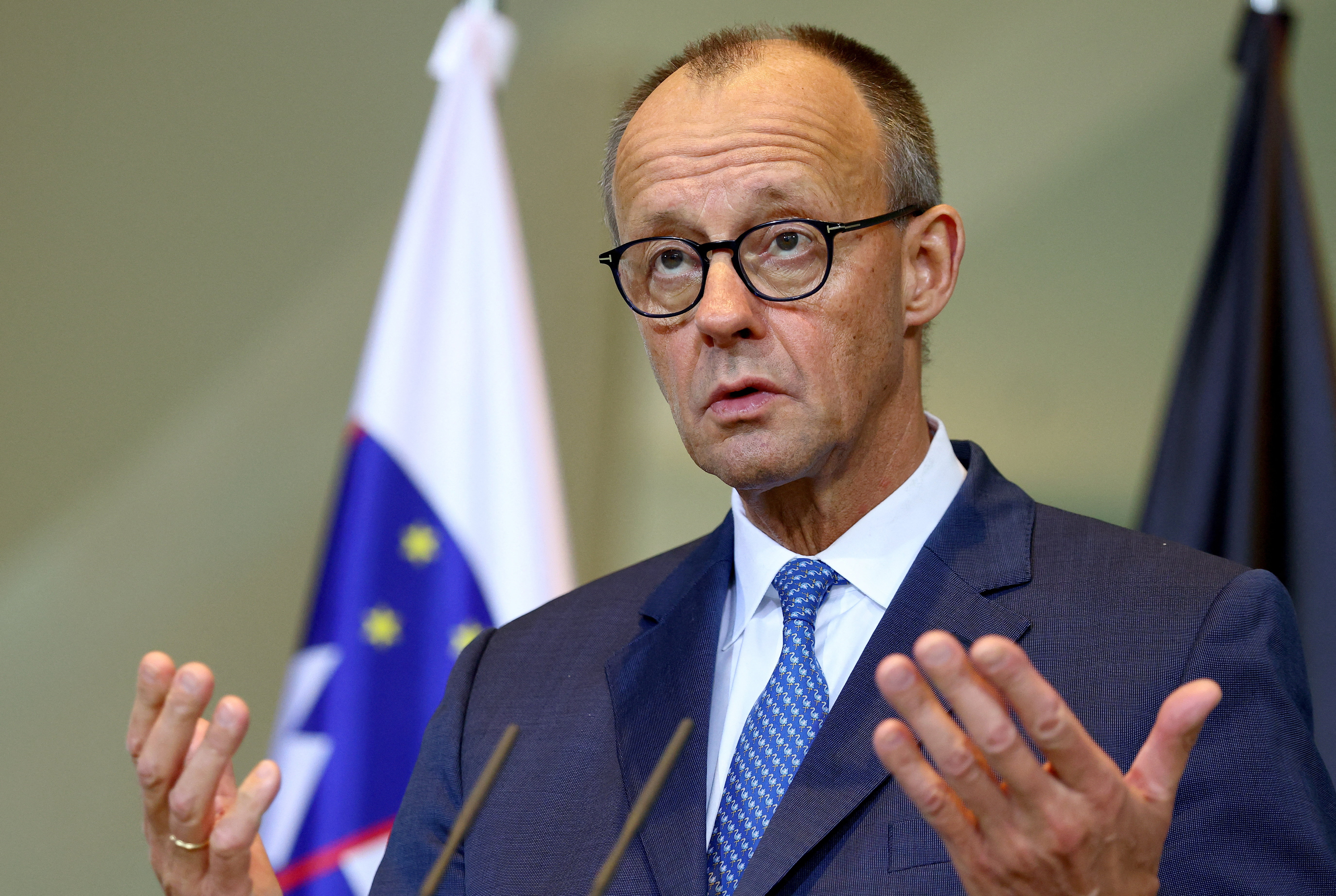 German Chancellor Merz and Slovenia's Prime Minister Golob attend a press conference at the Chancellery in Berlin