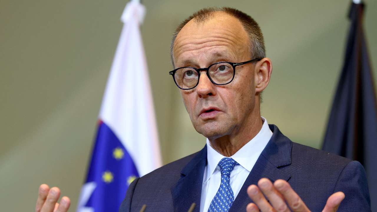 German Chancellor Merz and Slovenia's Prime Minister Golob attend a press conference at the Chancellery in Berlin