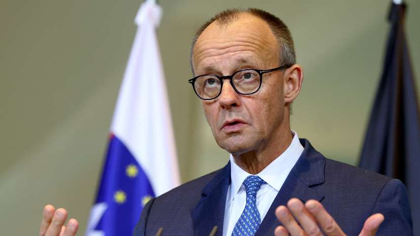 German Chancellor Merz and Slovenia's Prime Minister Golob attend a press conference at the Chancellery in Berlin