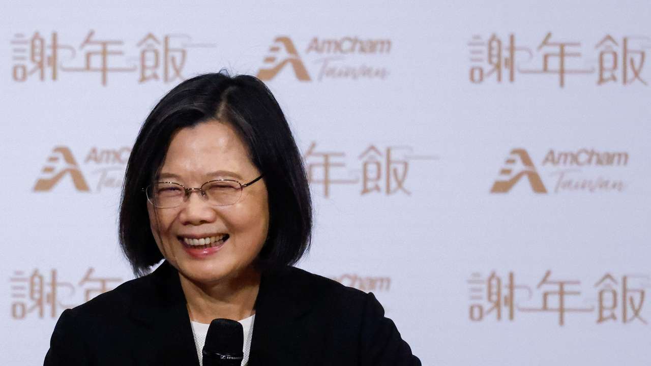 Former Taiwanese president Tsai Ing-wen speaks at an American Chamber of Commerce event in Taipei