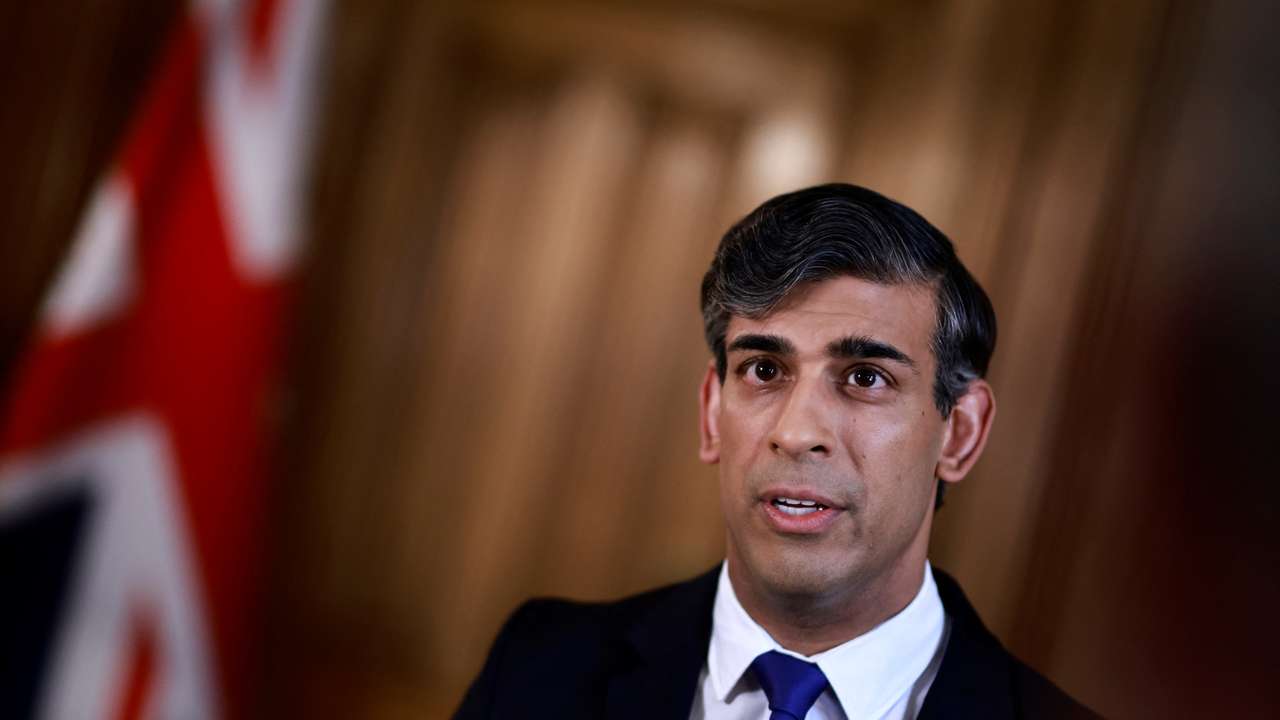British Prime Minister Rishi Sunak records a statement on the Iranian attacks on Israel overnight, inside 10 Downing Street in central London