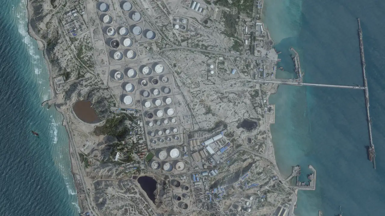 A satellite image shows an oil terminal, in Kharg Island