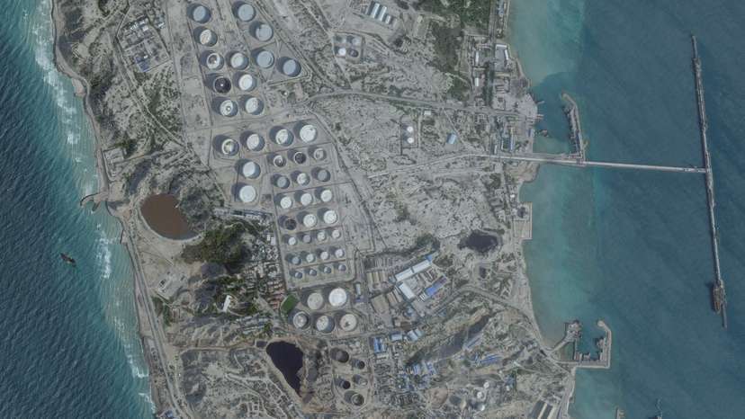 A satellite image shows an oil terminal, in Kharg Island