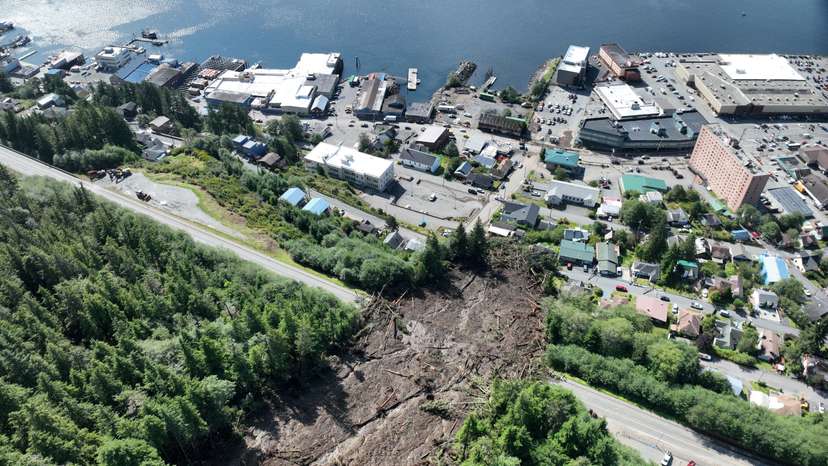 A landslide remains in a drone photograph in Ketchikan