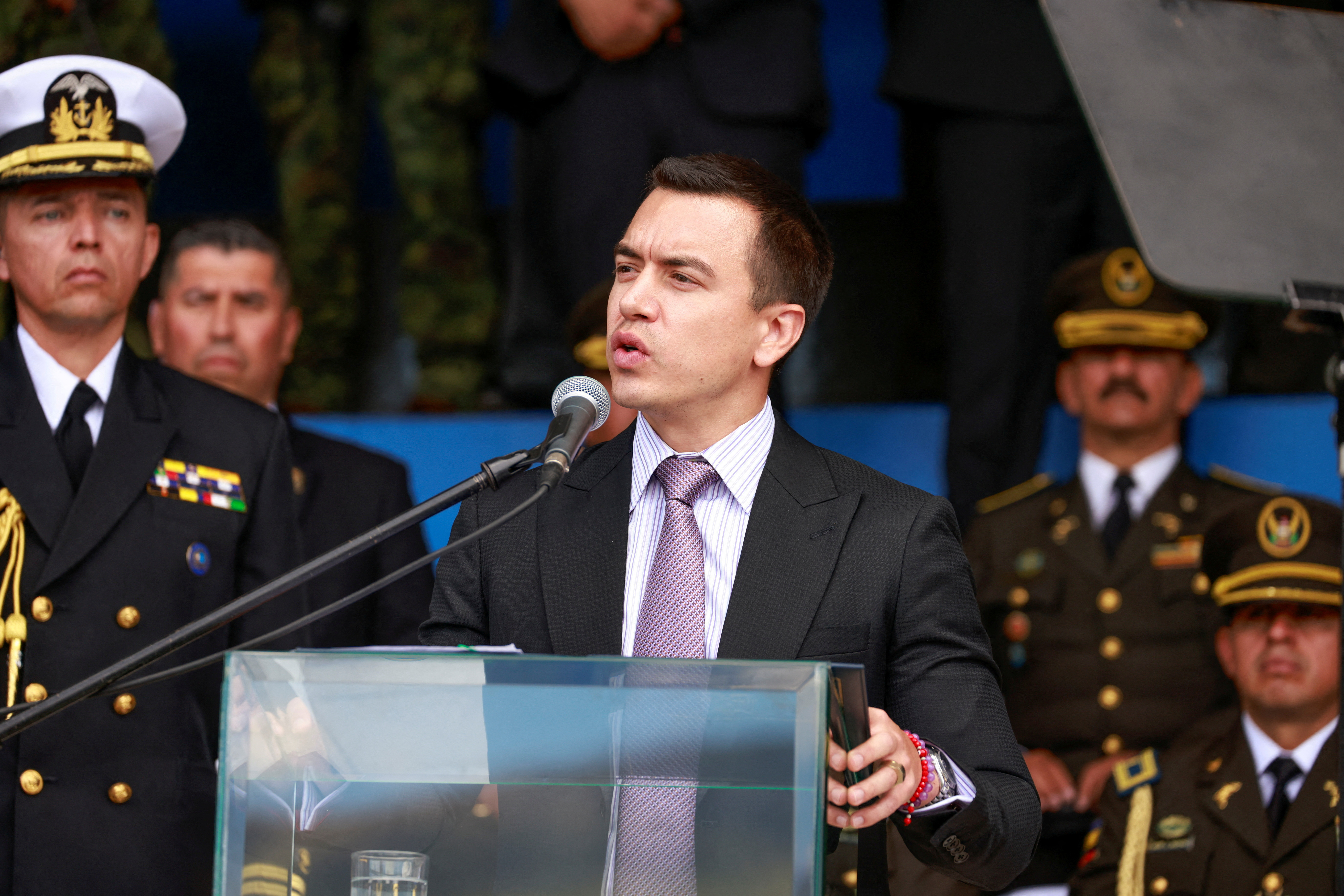 FILE PHOTO: Ecuador's President, Daniel Noboa, delivers equipment to the National Police