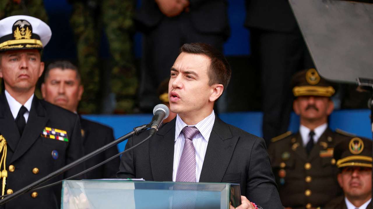 FILE PHOTO: Ecuador's President, Daniel Noboa, delivers equipment to the National Police