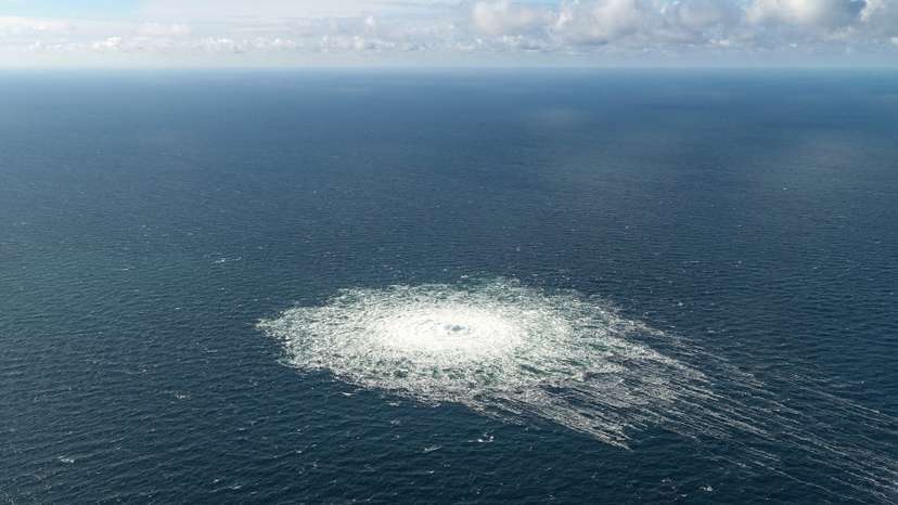 FILE PHOTO: Gas leak at Nord Stream 2 as seen from the Danish F-16 interceptor on Bornholm