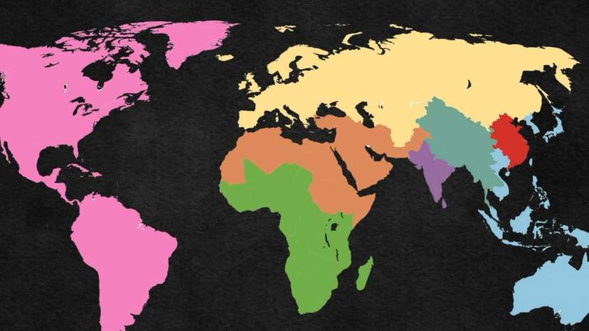 This map shows the world divided into eight regions, each with approximately one billion people. Rather than following political or continental boundaries, the divisions are based solely on population. The result is a powerful illustration