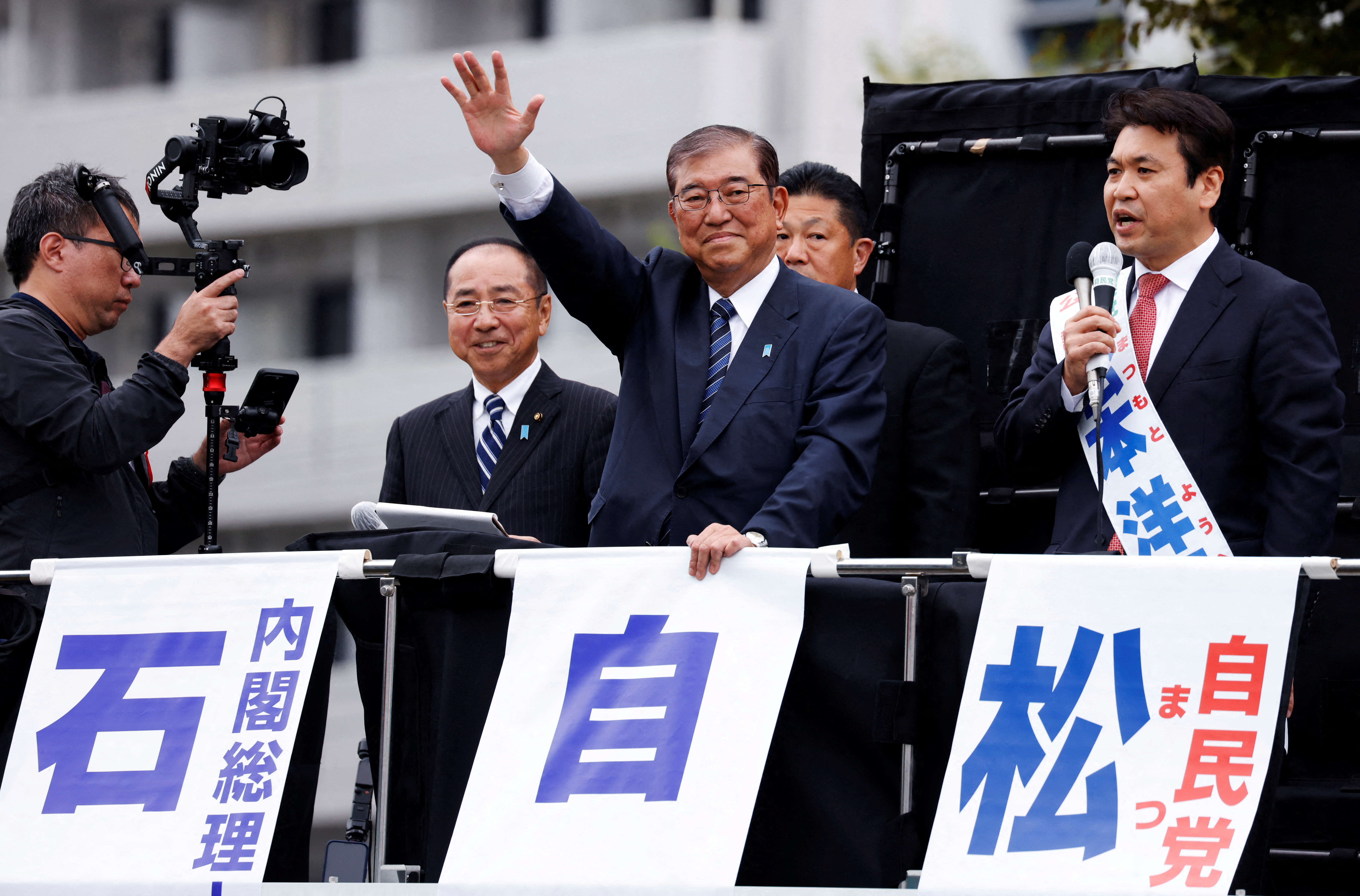 Japan's Prime Minister Shigeru Ishiba, leader of the Liberal Democratic Party, speaks at a campaign for the upcoming general election in Tokyo