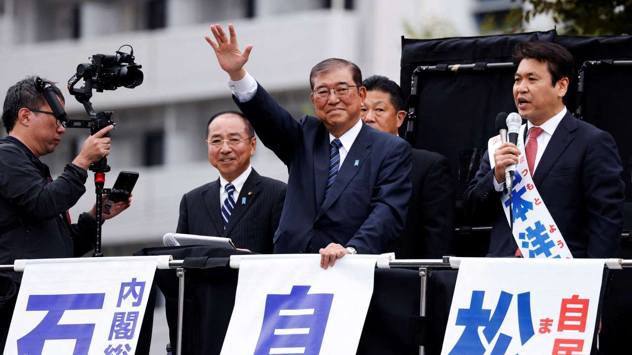 Japan's Prime Minister Shigeru Ishiba, leader of the Liberal Democratic Party, speaks at a campaign for the upcoming general election in Tokyo
