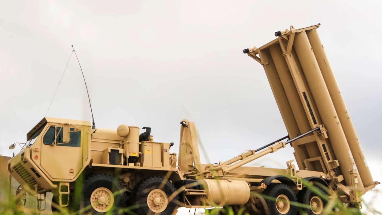 A U.S. Army Terminal High Altitude Area Defense (THAAD) weapon system is seen on Andersen Air Force Base