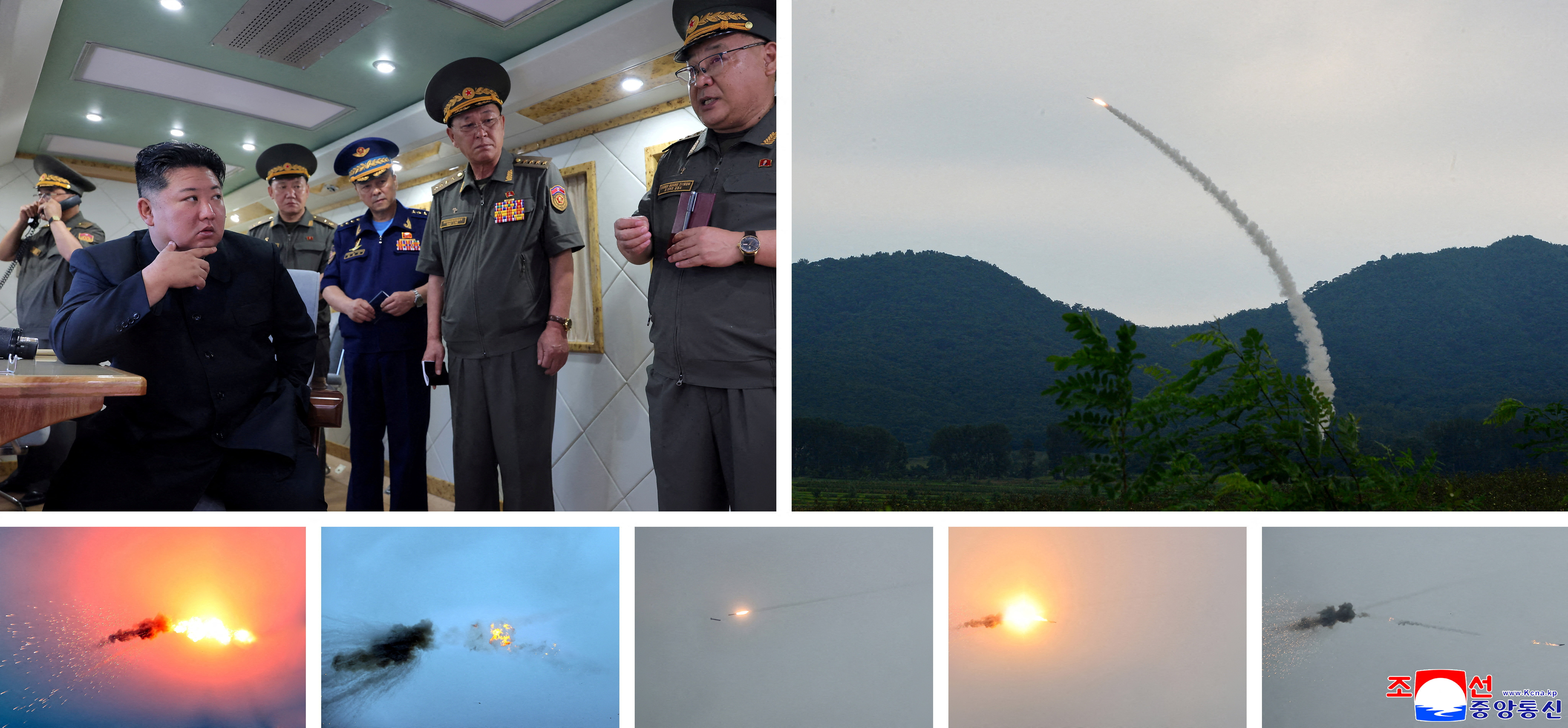 A combination image released by KCNA on August 23 says to show firing tests of anti-aircraft missiles and North Korean leader Kim Jong Un flanked by Korean People's Army officers