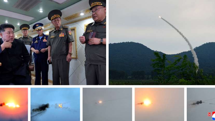 A combination image released by KCNA on August 23 says to show firing tests of anti-aircraft missiles and North Korean leader Kim Jong Un flanked by Korean People's Army officers