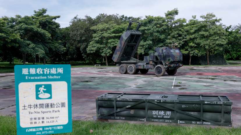 A High Mobility Artillery Rocket System (HIMARS) is on display at a park during Taiwan's annual Han Kuang military exercise in Taichung
