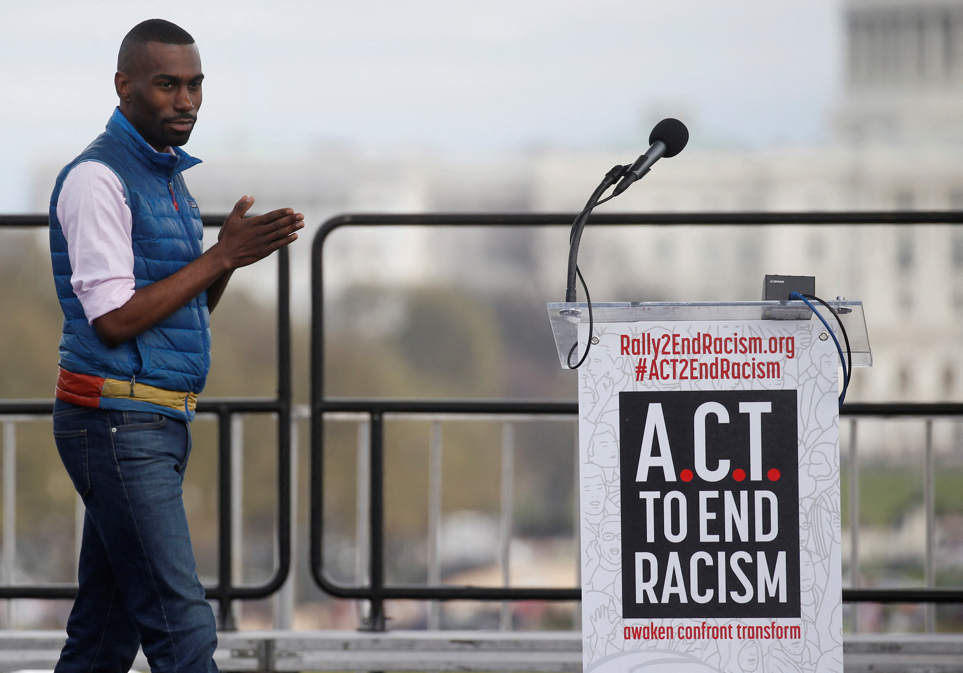 FILE PHOTO: Civil rights activist DeRay Mckesson arrives to speak at the "End Racism Rally" on the National Mall on the 50th anniversary of the assassination of civil rights leader Rev. Martin Luther King Jr. in Washington