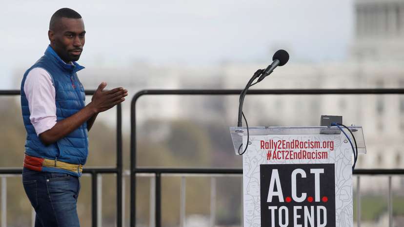 FILE PHOTO: Civil rights activist DeRay Mckesson arrives to speak at the "End Racism Rally" on the National Mall on the 50th anniversary of the assassination of civil rights leader Rev. Martin Luther King Jr. in Washington