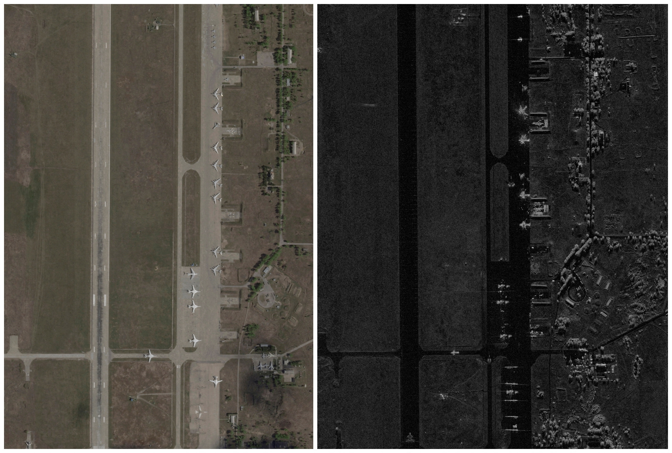 Combination picture shows satellite images of the Belaya airfield in Irkutsk region