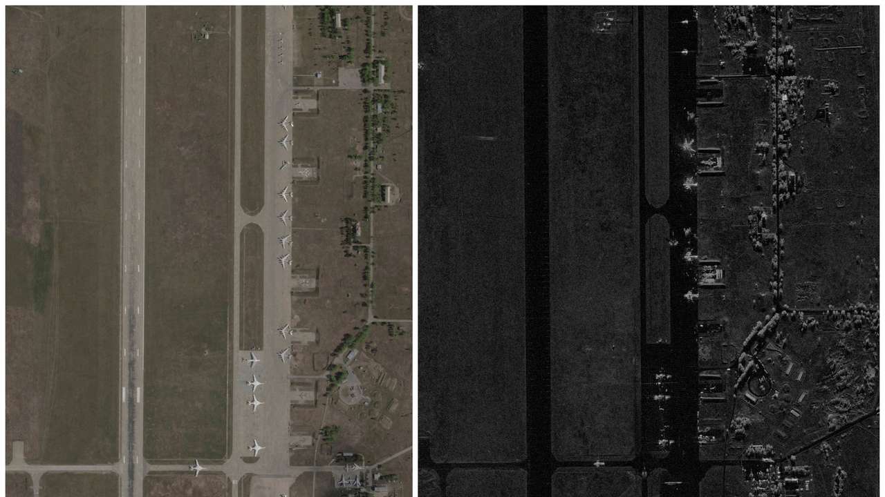 Combination picture shows satellite images of the Belaya airfield in Irkutsk region