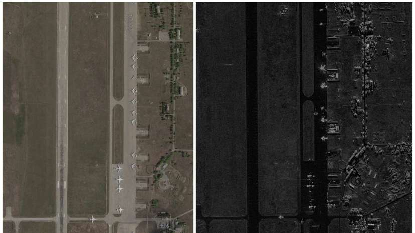Combination picture shows satellite images of the Belaya airfield in Irkutsk region