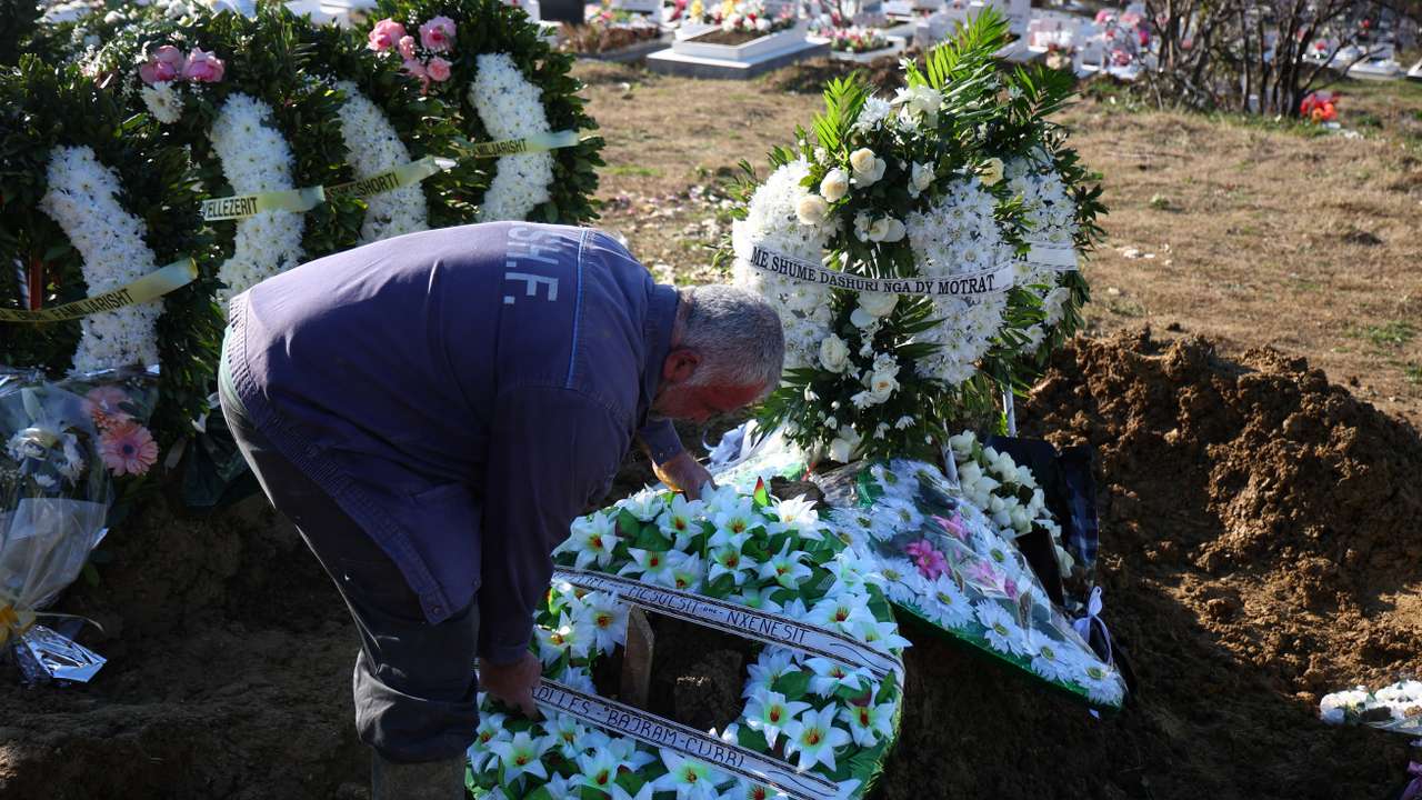 Family and friends take part in the funeral of Leonard Farruku, who died in December on the Bibby Stockholm accommodation barge in the United Kingdom