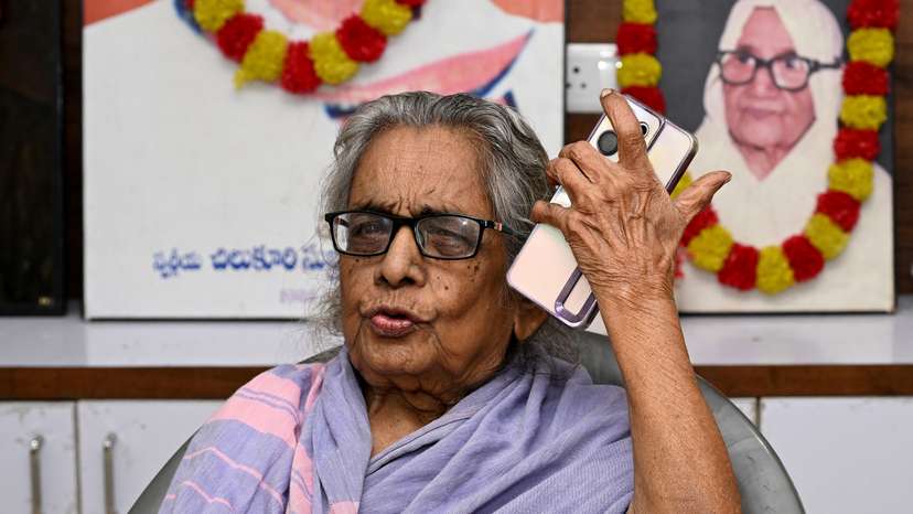 Shanthamma Chilukuri, a great-aunt of Usha Chilukuri Vance, speaks with the media in Visakhapatnam