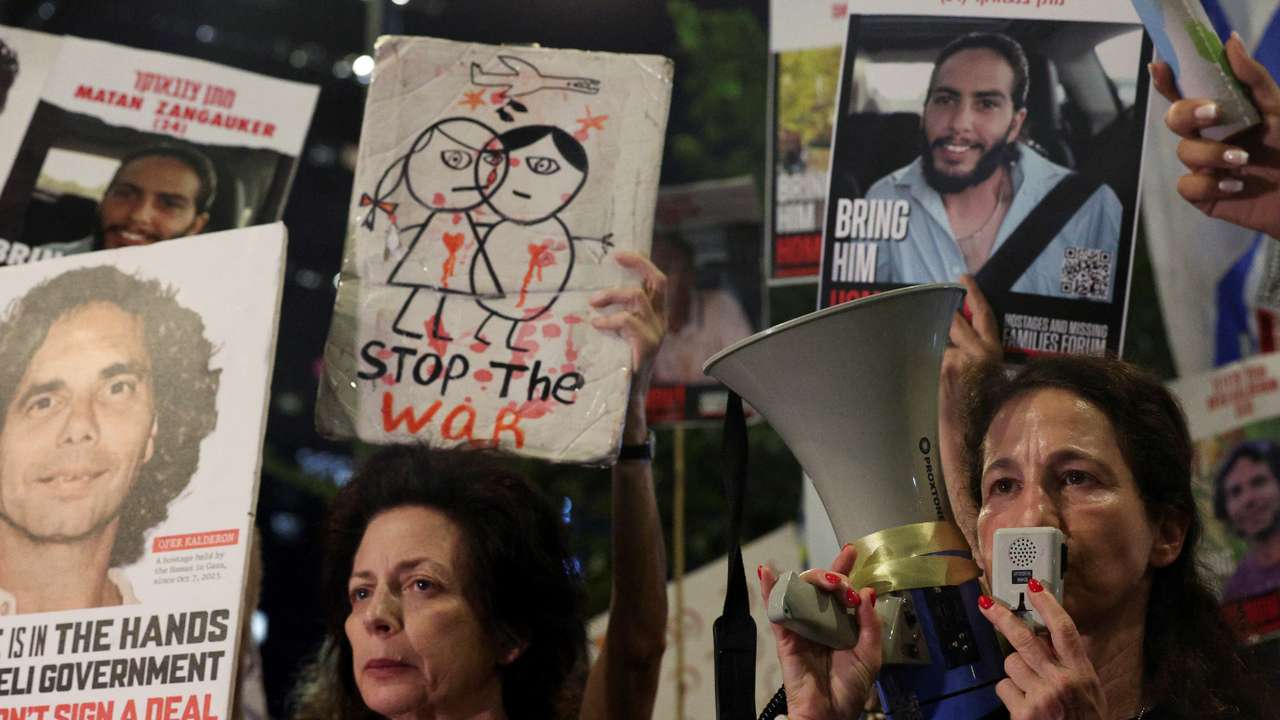 Families and supporters of hostages kidnapped during the deadly October 7, 2023 attack, protest in Tel Aviv