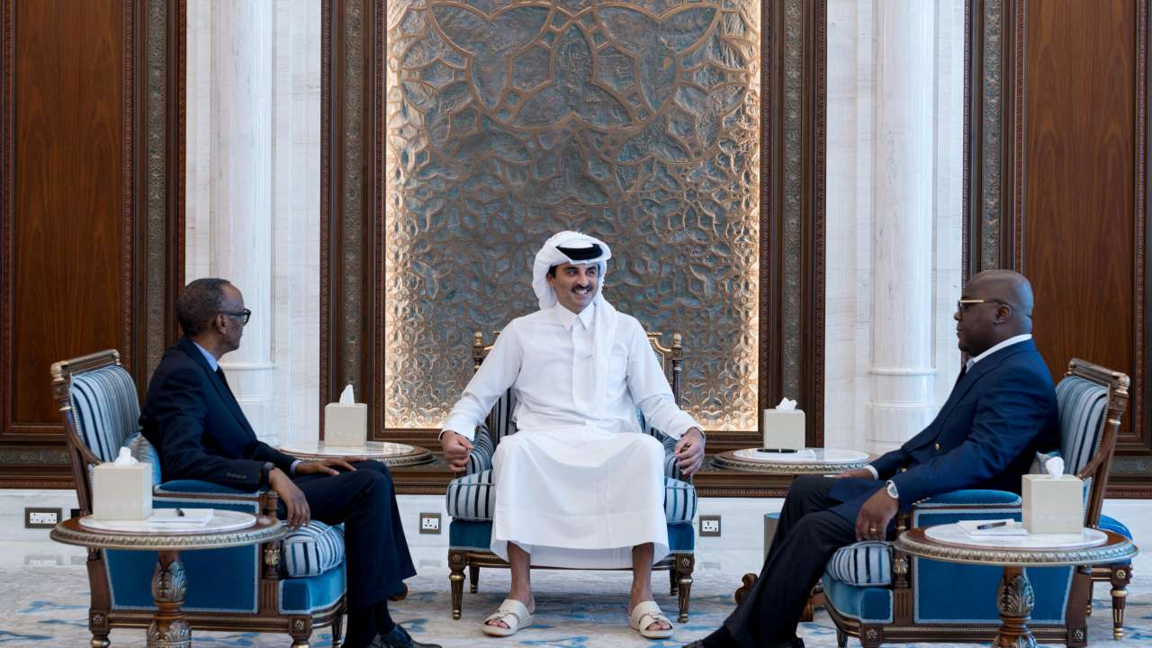 Democratic Republic of Congo President Felix Tshisekedi and his Rwandan counterpart Paul Kagame meet with Qatar's Emir Sheikh Tamim bin Hamad Al Thani in Doha