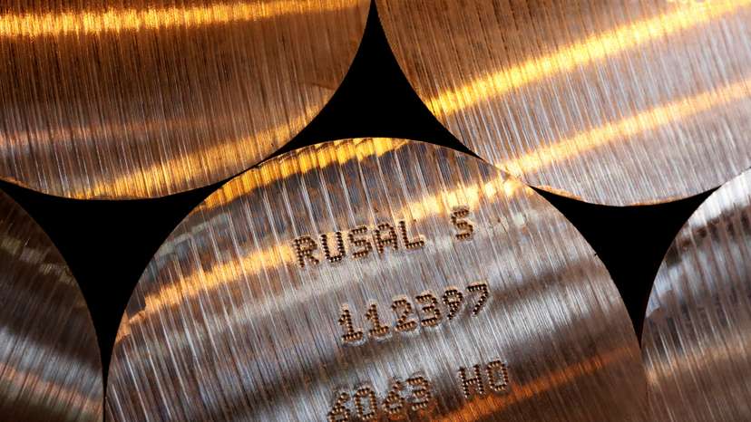 FILE PHOTO: Marked cylindrical aluminium ingots at the foundry shop of the Rusal Sayanogorsk aluminium smelter