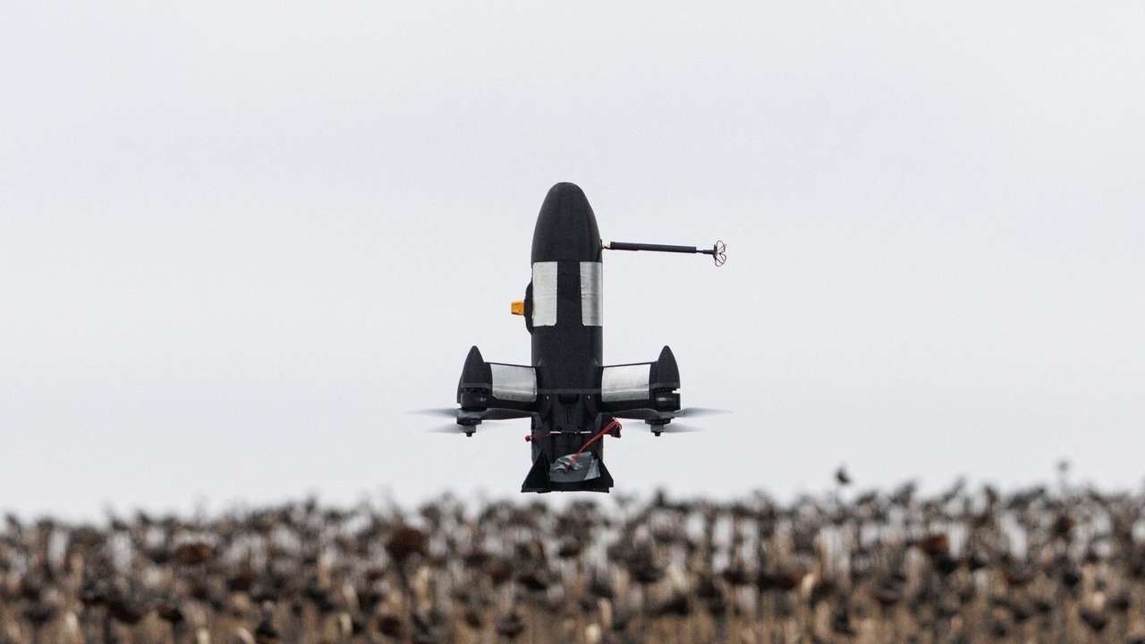 FPV interceptor drone takes off during a combat shift of a Ukrainian air defence unit in Kharkiv region